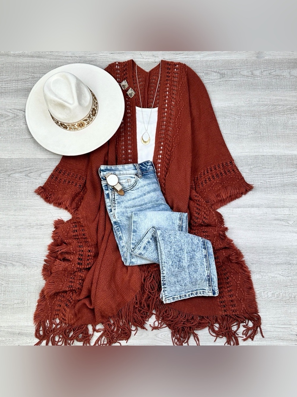 Bohemian Western Rust Fringe Knit Poncho